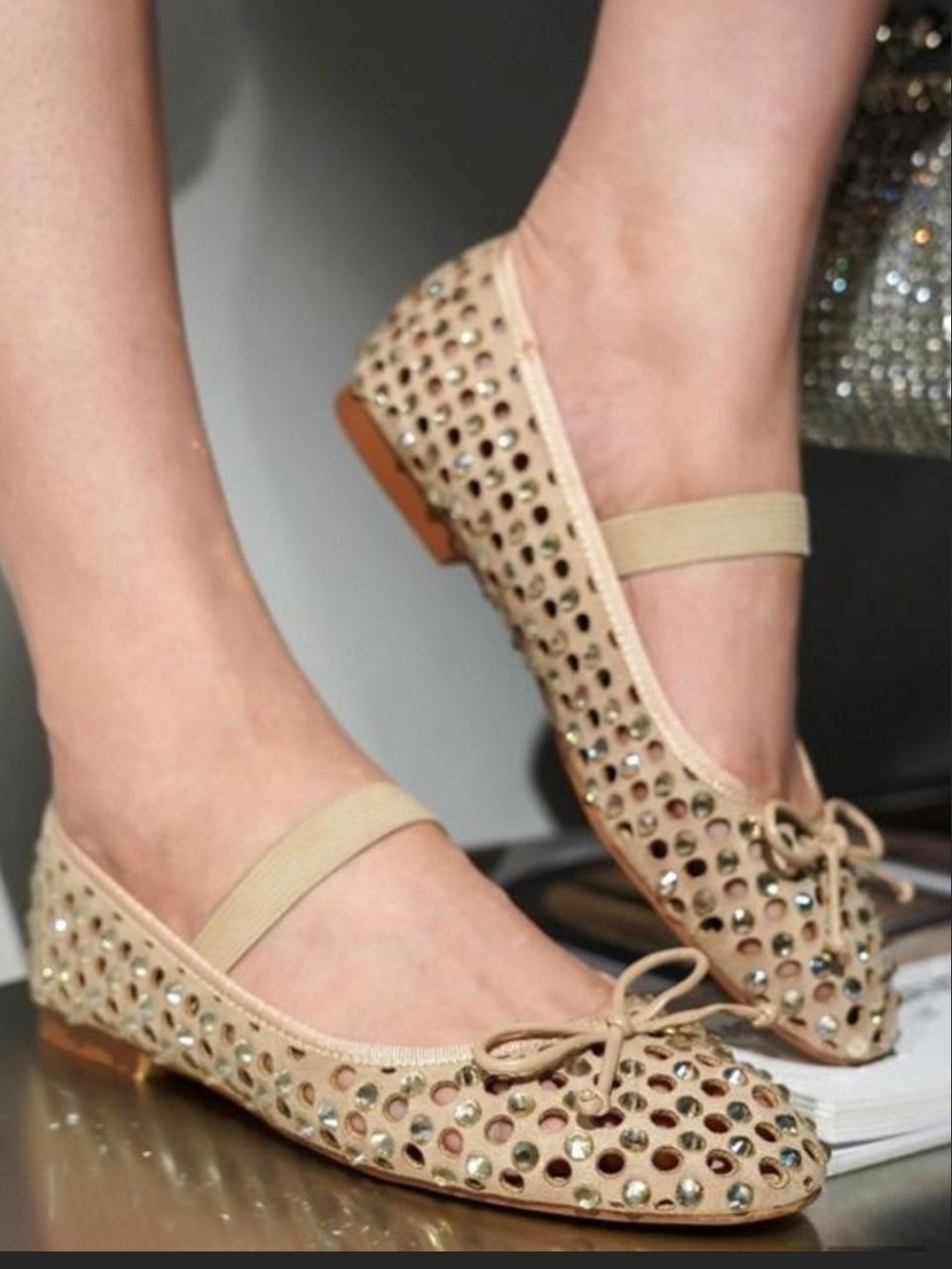 Nude Rhinestone Embellished Ballet Flats with Bow Size 9